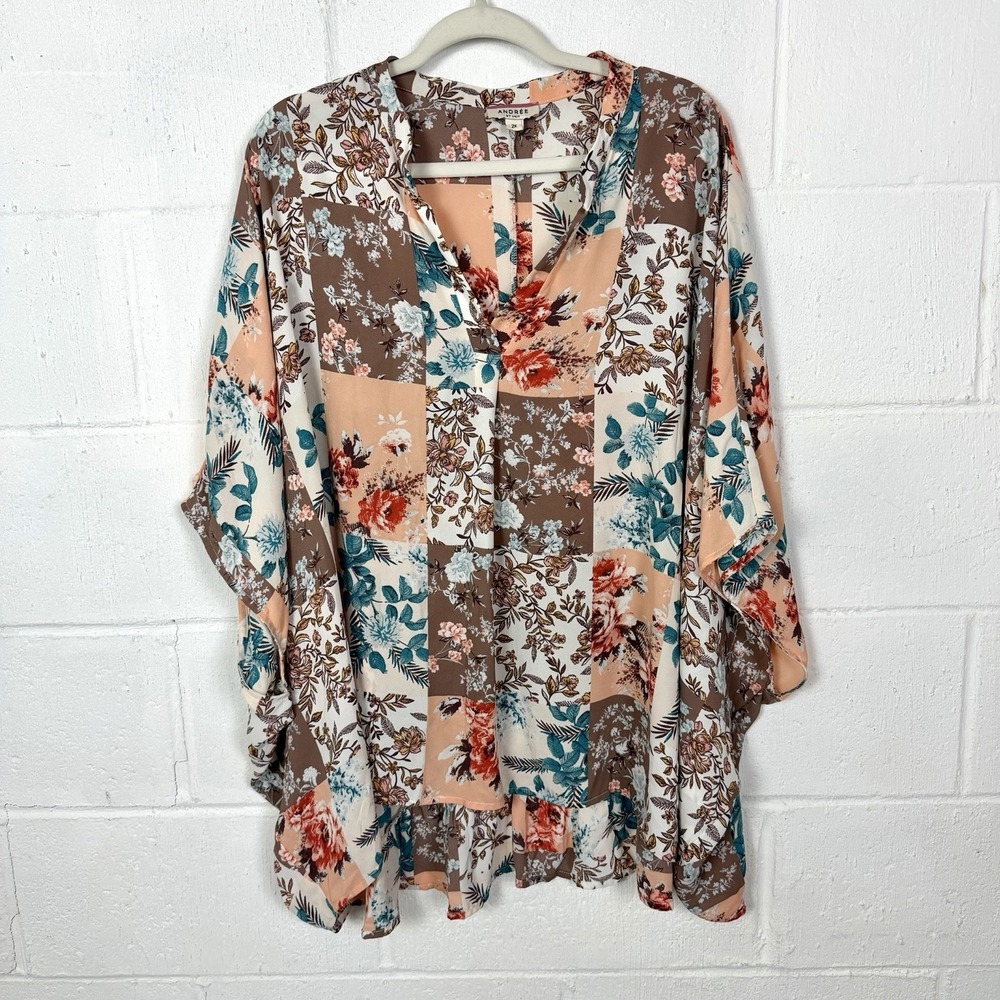 Andree by Unit Oversized Kimono Tunic Floral Patchwork Ruffle BoHo Fairy 2X